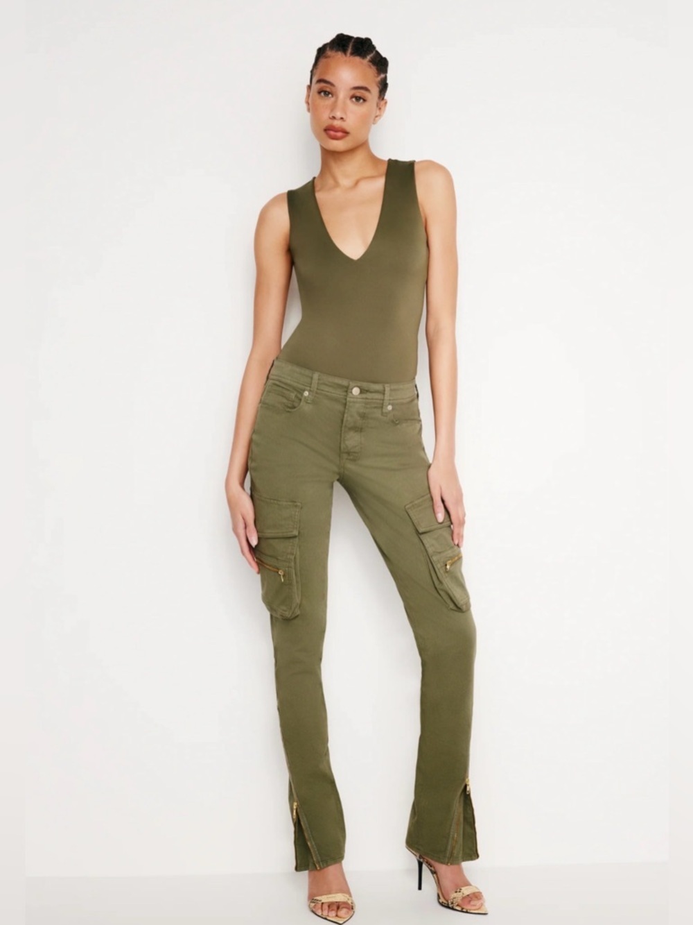 Good American Twill Skinny Cargo Olive Sz 4/27 NWOT Gold Ankle Zip - Picture 2 of 13